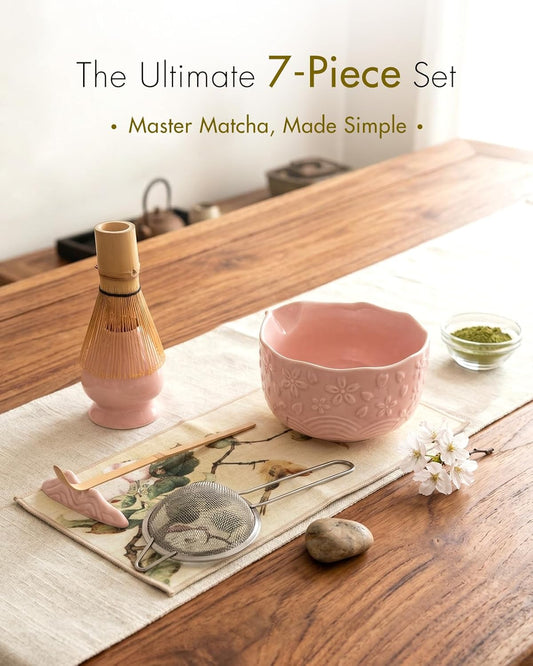Matcha Whisk Set for Macha Lovers (Pink) | 7 Pcs Ceramic Matcha Kit Includes Bowl, Whisk and Holder, Bamboo Scoop, Scoop Rest, Sifter and Tea Towel