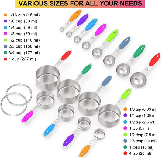 Stainless Measuring Cups and Spoons Set with Silicone Handle, 16pcs | 8 Measuring Cups and 8 Measuring Spoons, Nesting Design, Heavy Duty for Measuring Dry/Liquid Ingredients, Multicolor