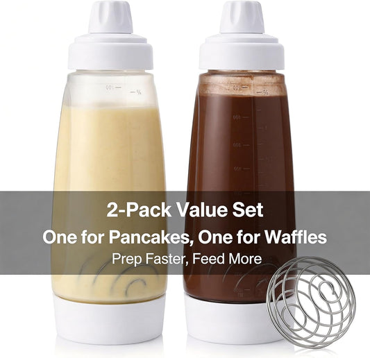 2-Pack Pancake Batter Dispenser & Mixer Bottle with Whisk Ball | BPA-free 34oz dispenser with heat-resistant silicone tip. Ideal for Blackstone griddles, waffles, crepes & cupcake baking.