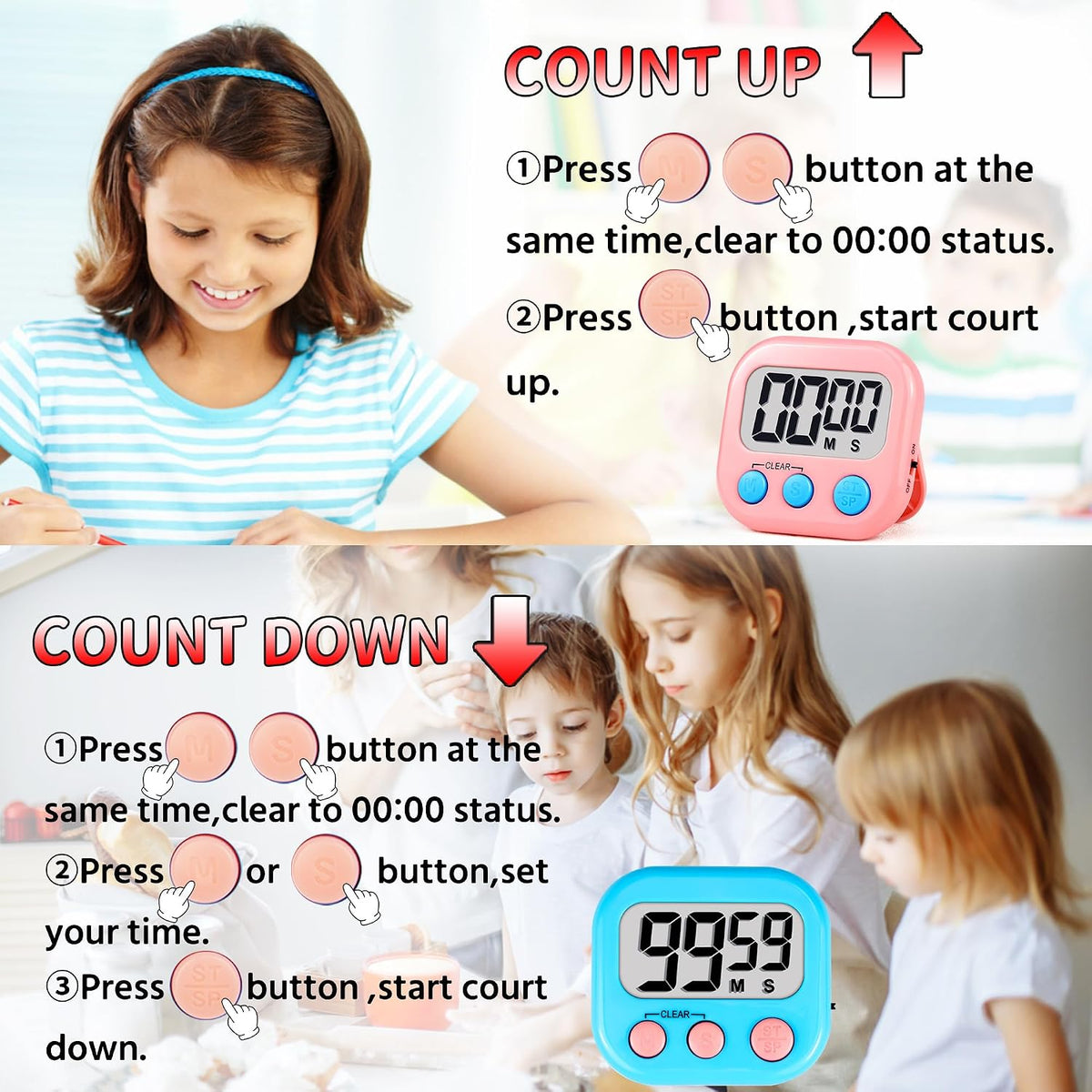Timer for Kids Digital Kitchen Timers for Cooking- 2 Pack Blue Green