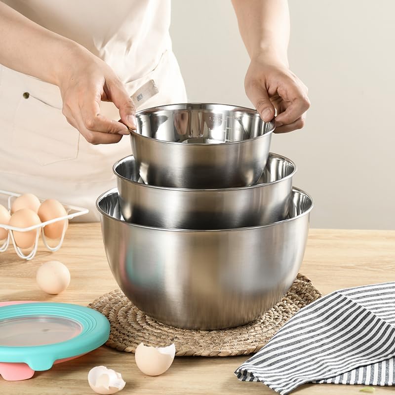 Mixing Bowl Set with Lids 3 Pieces Stainless Steel Mixing Bowl Nesting Metal Bowl Set for Cooking Baking Prepping & Food Storage Dishwasher Safe