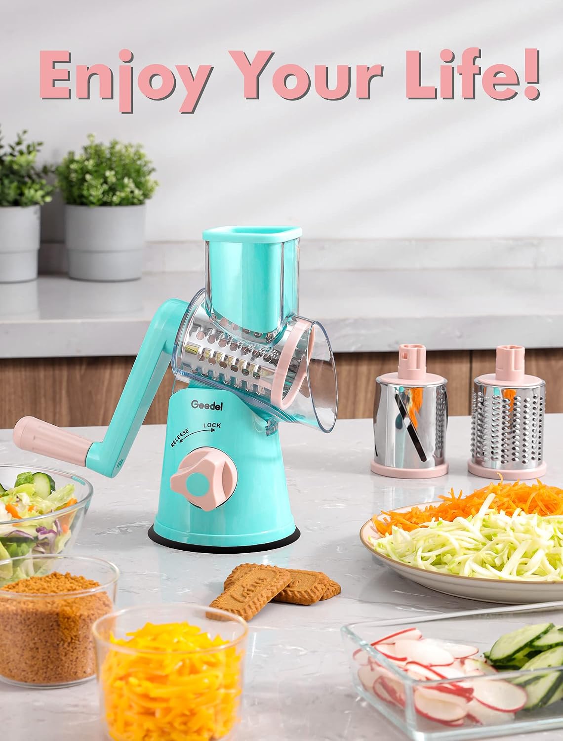 Rotary Cheese Grater Hand Crank, Cheese Shredder Vegetable Slicer | 3 Blades, 430 Stainless Steel, 12x Fast Cutting, Strong Suction Base, No BPA, Dishwasher Safe, for Cheese, Veggie, Nut