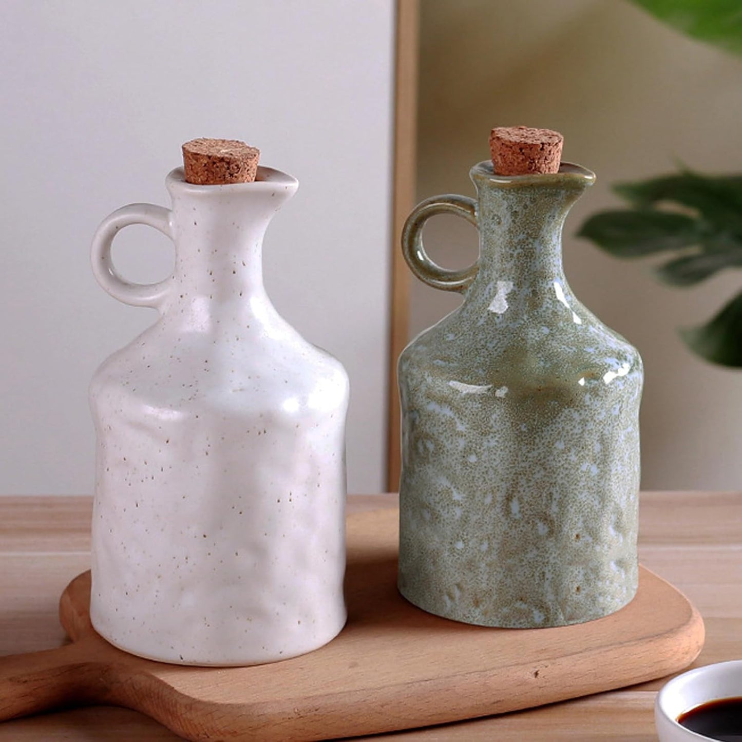 Green Ceramic Olive Oil Dispenser Bottle with Cork Stopper 13.5Oz | Reactive Glaze Texture Oil Bottle, Leak Proof Small Spout,Great for Storing Vinegar, Wine, Soy Sauce, Lemon Juice