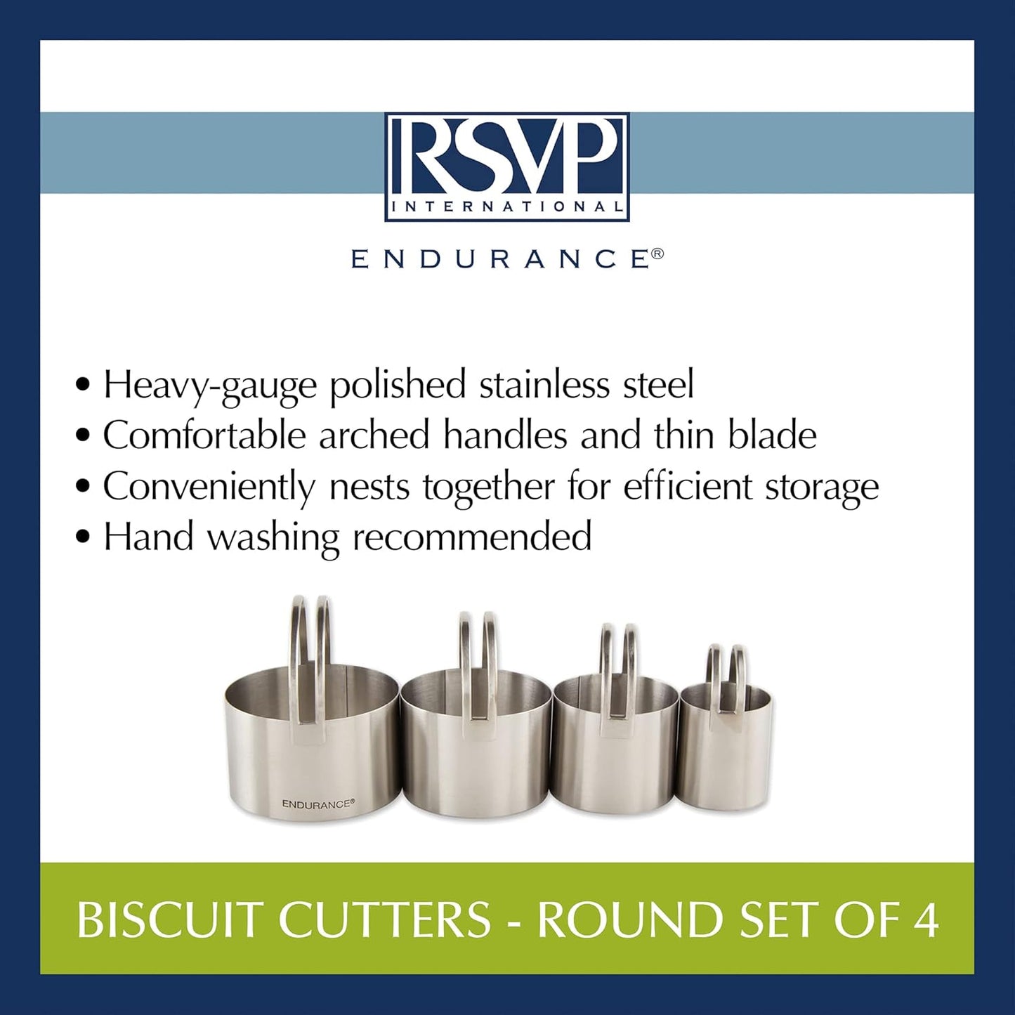 Endurance Round Biscuit Cutters - Stainless Steel, Set of 4 | Nest for Easy Storage | For Cutting Thick or Thin Dough | Professional | High Handle Arch