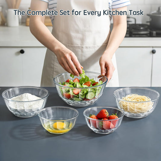 Thick Glass Mixing Bowls with Airtight Lids Set, 5-Piece Nesting Bowls for Baking & Meal Prep, BPA Free, Dishwasher Safe, 0.5/0.8/1.6/2.7/4.4 Quart - Gray