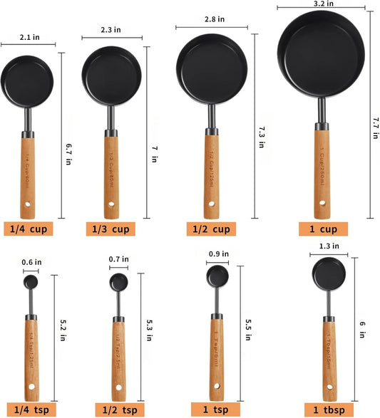8-Piece Food-Grade Measuring Cups and Spoons Set, Nonstick Black Kitchen Measure Set with Non-Slip Wooden Handle, Engraved US & Metric Markings for Cooking & Baking