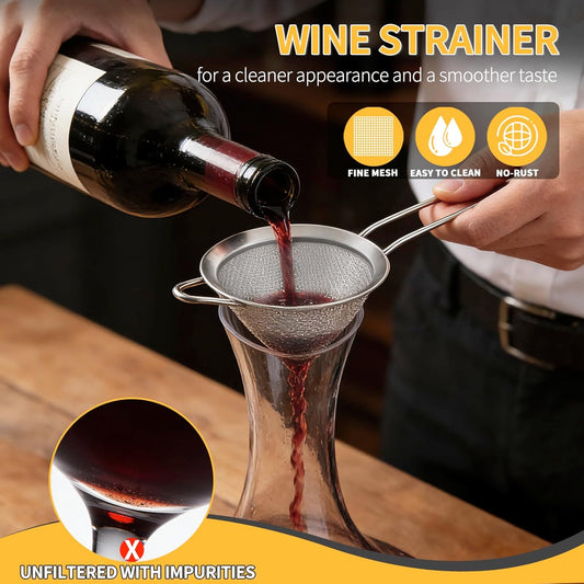 Wine Strainer for Sediment, Fine Mesh Strainer for Kitchen, Made of 304 Stainless Steel, for Smoother Taste, No-Rust, Cone Shape with Rest and Long Handle, Ideal for Wine Decanter, Silver
