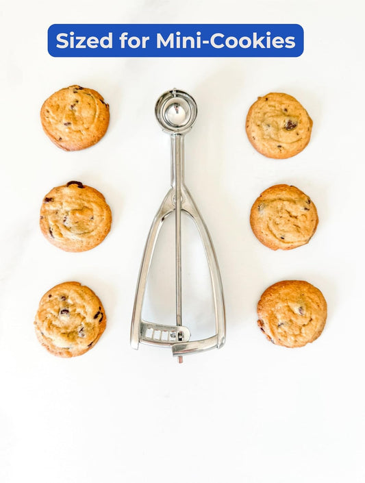 Small Cookie Scoop, 18/8 Stainless Steel, 2 Tsp, Size #100 | Disher for cookies, chocolate chip dough & melon balls. Squeeze-release handle. Right and left handed. Dishwasher safe.