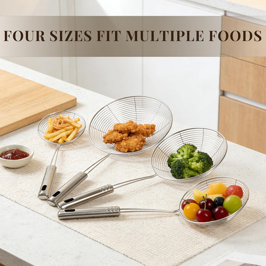 Spider Strainer Set of 4, Stainless Steel Skimmers, 4 Sizes | Fast-Draining Open Wire Baskets with Long, Easy-Reach Handles