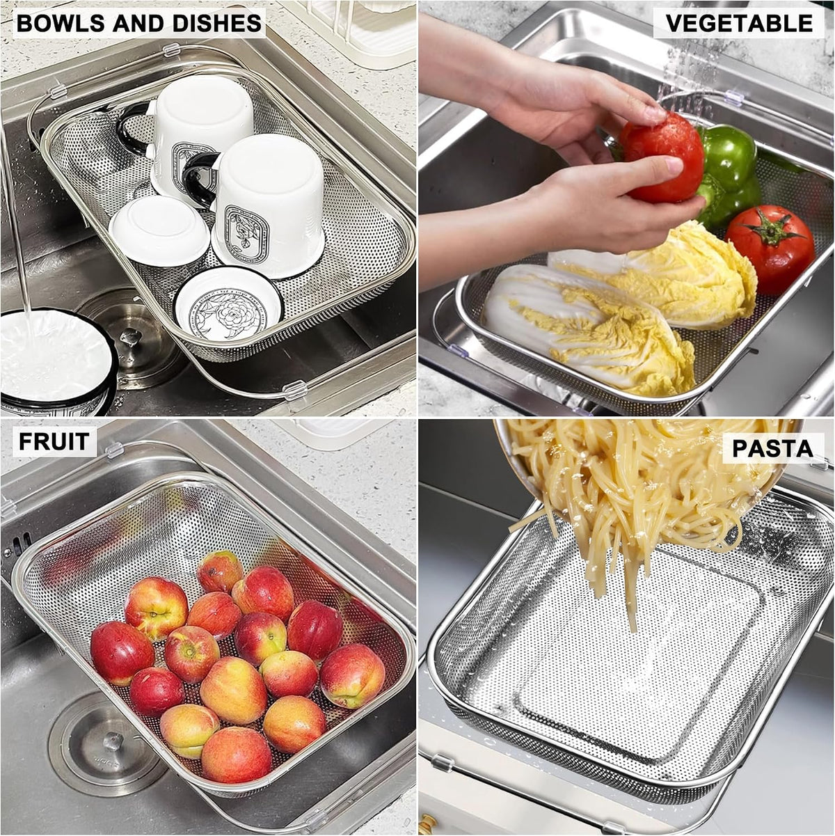 Adjustable Over Sink Colander, 14.2" to 17.4" Expandable Fine Mesh Food Strainer, Dishwasher Safe Drain Basket for Vegetables Fruit Pasta, Fits Small & Medium Kitchen Sinks