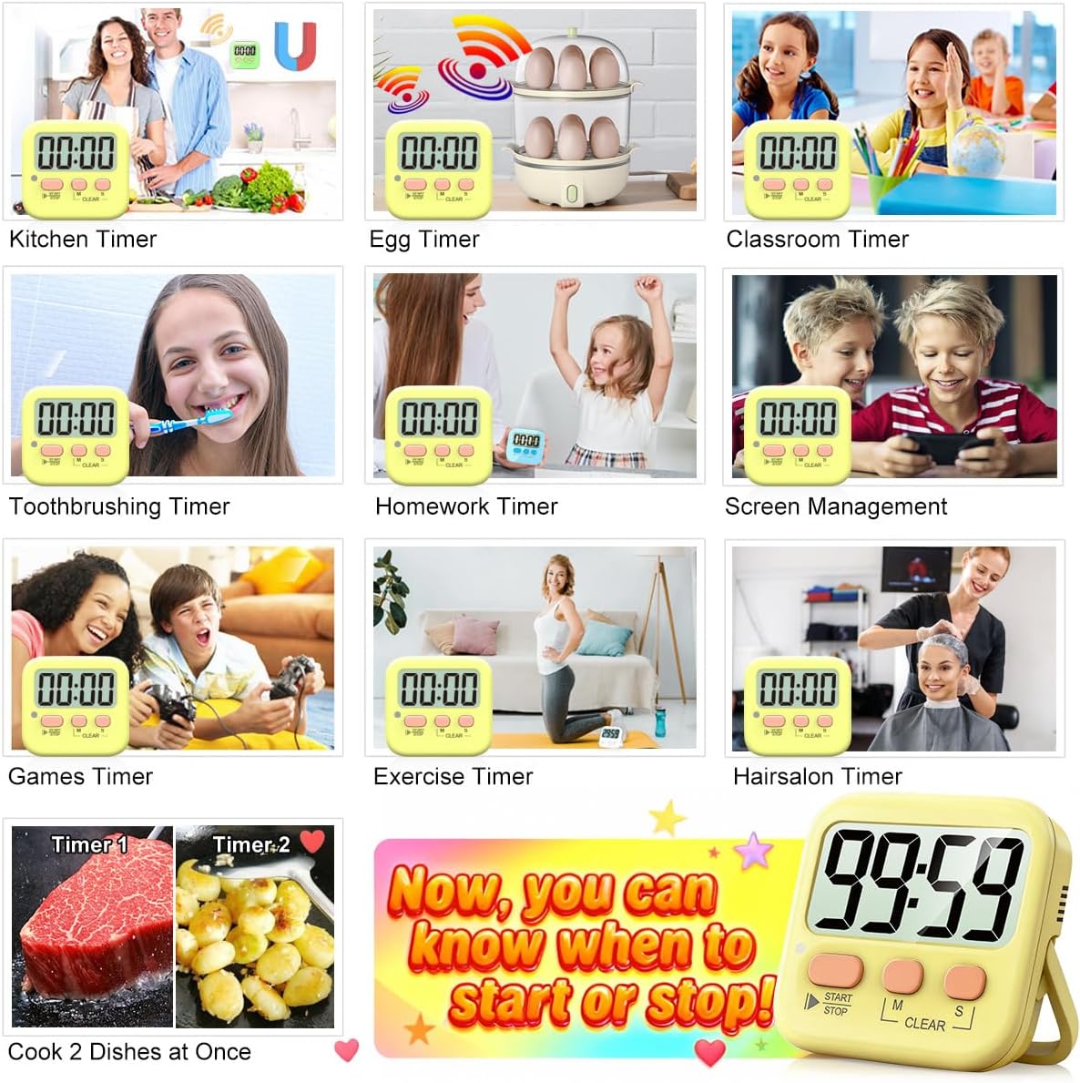 2 Pack Digital Timer for Kids Classroom Kitchen Timers for Cooking | Compact, Easy to View, Alarm/Mute LED Remind, Count Down/Up, Magnetic/Kickstand/Hanging, Classroom Timer for Teacher Supplies