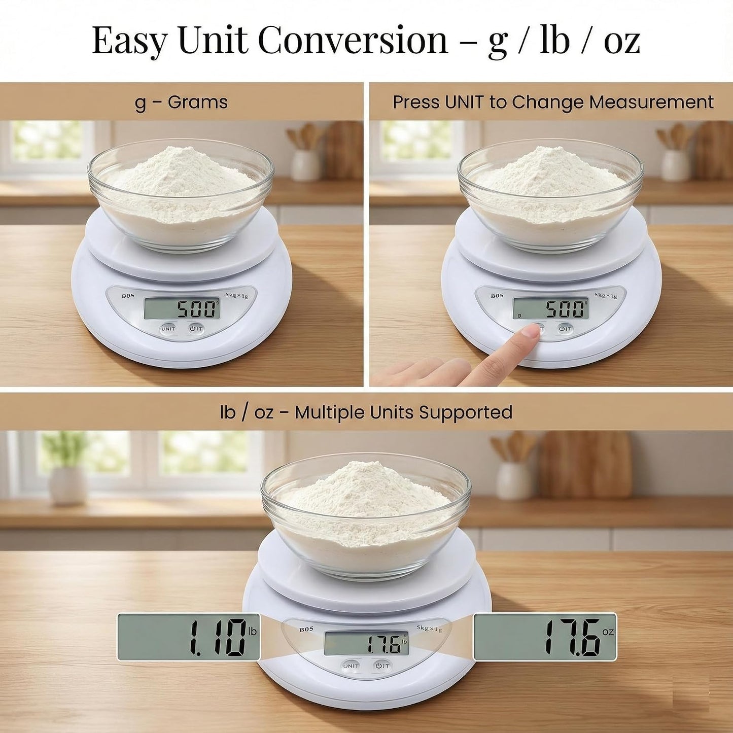 Digital Kitchen Scale – Food Scale for Cooking & Baking (5 kg/11 lb) – High-Precision Weight Scale in Grams Oz Lb – Stainless Platform with LCD Display & Tare Function – Batteries Included
