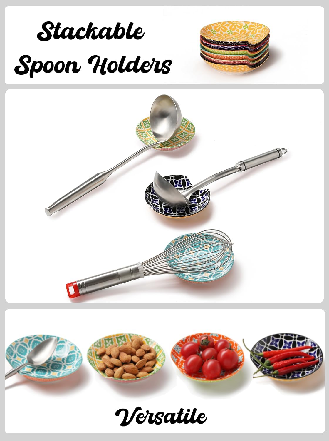 Ceramic Spoon Rest, Spoon Holder for Kitchen Counter, Utensil Rest Holder for Stove Top, Ladle, Spatula, Set of 6, Dishwasher Safe, 4.5 inch, Vibrant Color