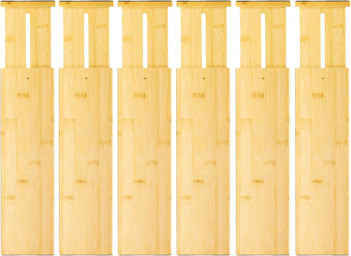 VaeFae 6-Pack Adjustable Bamboo Drawer Dividers, Expandable Drawer Organizer for Kitchen Utensils, Clothes, Bathroom, Office – Fits Drawer Interiors 16.6" to 21.8"