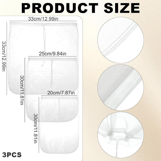 3Pcs Nut Milk Bag Reusable 80 Mesh Fine Nylon Juice Strainer Mesh Cheese Cloth Bag with Drawstring for Coffee,Yogurt,Soup,Purees,Juice(3Sizes)