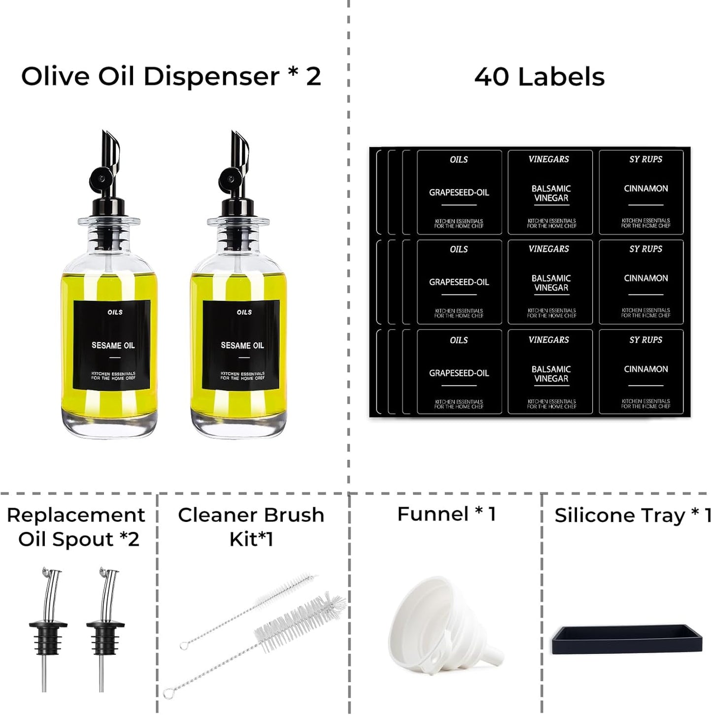 3PCS Olive Oil Dispenser Bottle For Kitchen, Soy Sauce Dispenser, Glass Oil and Vinegar Dispenser Set W. Wooden Tray & Labels & 3 Replacement Spouts, Coffee Syrup Dispenser(Clear)