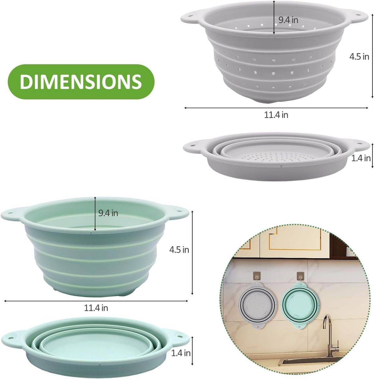 Collapsible Silicone Colander Bowl Set,BPA Free, Heat Resistant, Stainless Steel Nesting, Portable Washing Basket Strainer Drain Basin for Pasta, Vegetable and fruit, Kitchen, Camping, Hiking