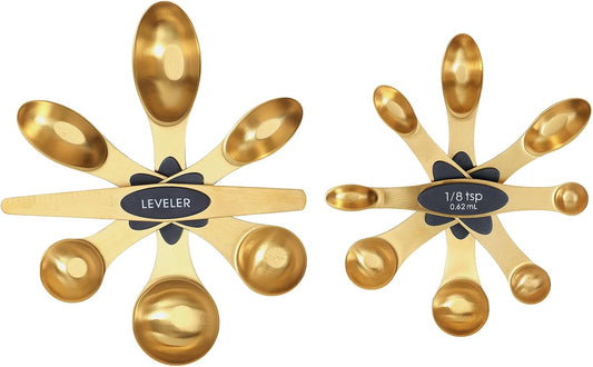 Magnetic Measuring Spoons Set, Stainless Steel, Dual Sided, Stackable, Dual Sided for Measuring Dry and Liquid Ingredients, Fits in Spice Jars, Set of 8(Gold )