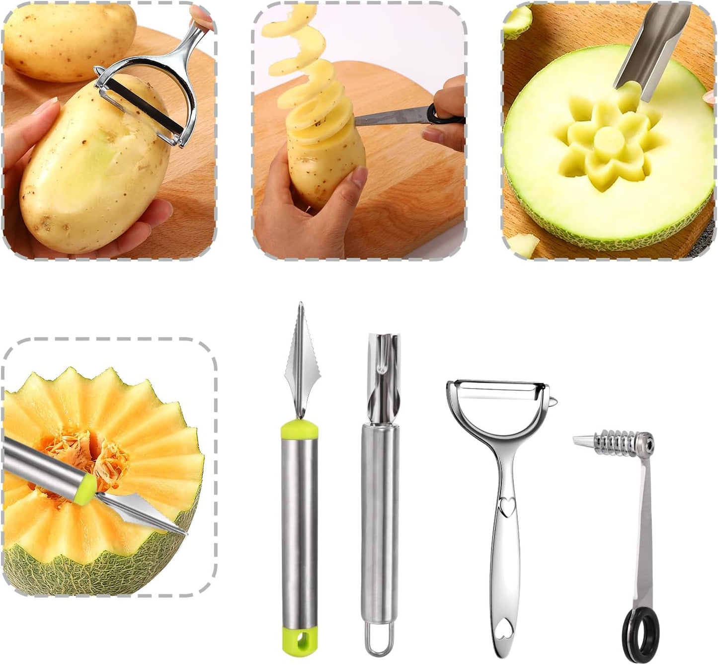 Kitchen Spiral and V-Shaped Tools Set, Vegetable Spiral Cutter and V Shape Fruit Carving Tool for Potatoes Slicing or Melon Engraving Kitchen Creative Spiralizer Cooking Tools
