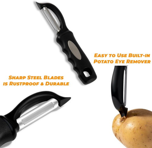 Swivel Vegetable Peeler – Ultra Sharp Stainless Steel Blade with Soft Grip Handle – Ideal for Left or Right Handed Use – Perfect for Peeling Fruits, Potatoes, Carrots, Apples – Black