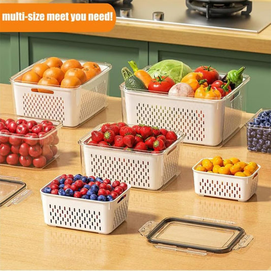 4 in 1 Food Storage Container, Fruit Storage Containers for Fridge, Produce Storage Containers with Lid and Strainer, Including Drain Basket, Multipurpose Large Fruit Containers for Fridge (3PC-White)