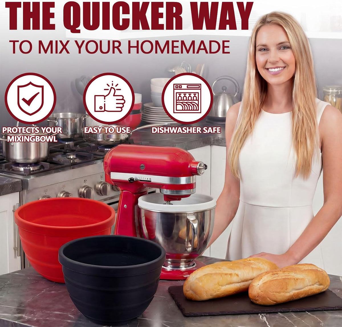 Silicone Bowl Liner for KitchenAid Mixer 4.5/5QT, Collapsible Mixing Bowl Insert with Airtight Lid, Food Grade Silicone KitchenAid Stand Mixer Bowl Liner, Heat Resistant, Dishwasher Safe, 1 Pack (Red)