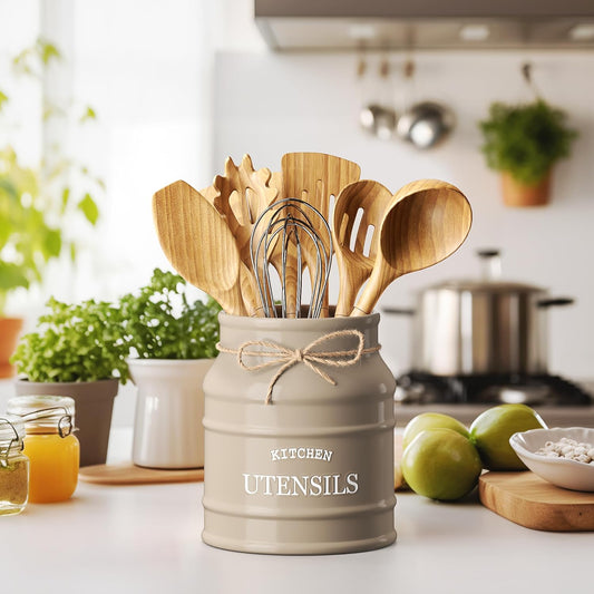 Ceramic Farmhouse Utensil Holder for Kitchen Counter, Large Rustic Utensil Crock, Countertop Cooking Tool Spatula Organizer, 6.75” (Taupe)