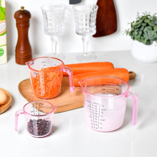Cute Pink Plastic Measuring Cup - 3 Pack (150ml, 300ml, 600ml) | for Home Kitchen Cooking and Baking Seasoning Liquid, with Handle and Triangle Mouth, Pink