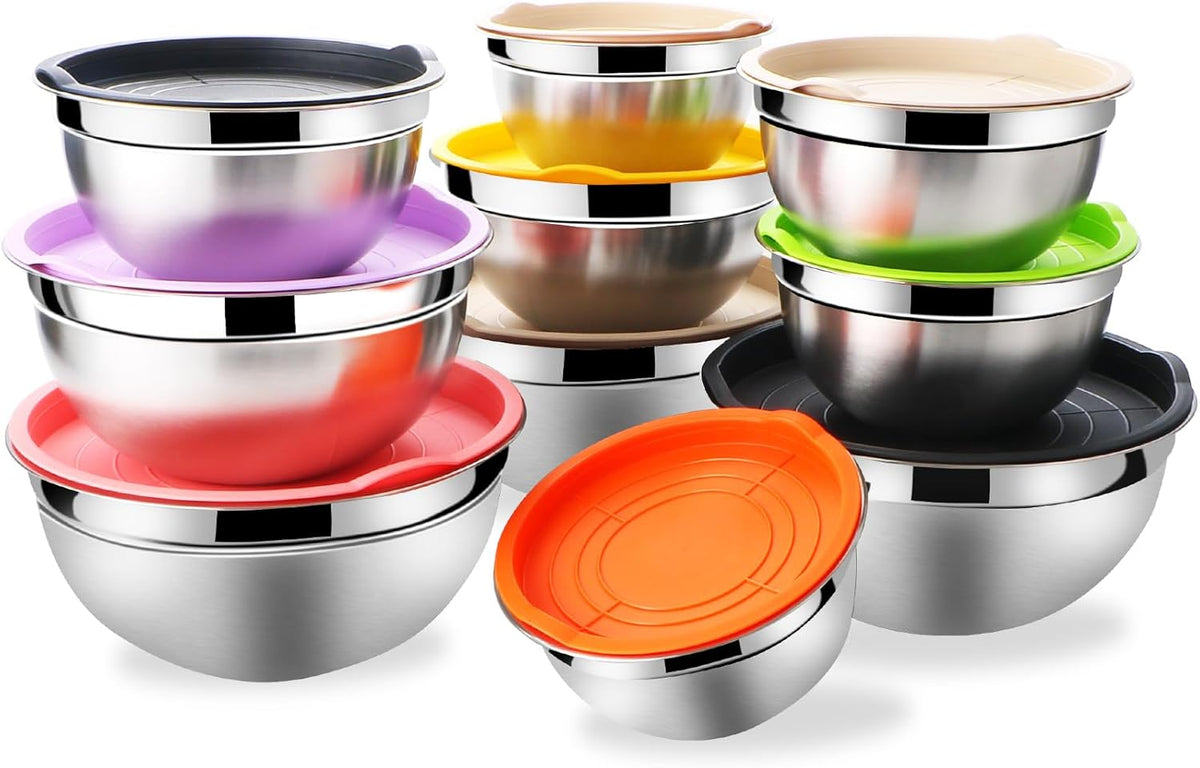 Mixing Bowls with Airtight Lids Set 5 Pcs Stainless Steel Bowls Set Baking Set Non-Slip Silicone Bottoms Great for Serving & Baking
