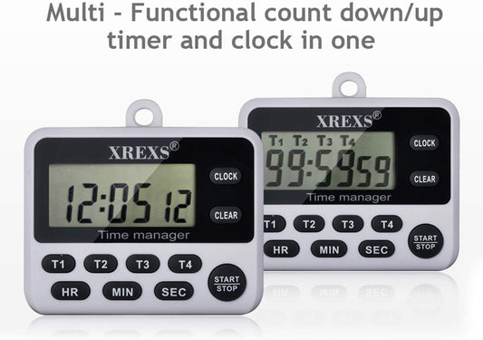 4 Channel Digital Kitchen Timer Clock with Large LCD Display | 4 Groups Simultaneous Timing Countdown Up Pocket Timer, Magnetic Attachable (Battery Included)