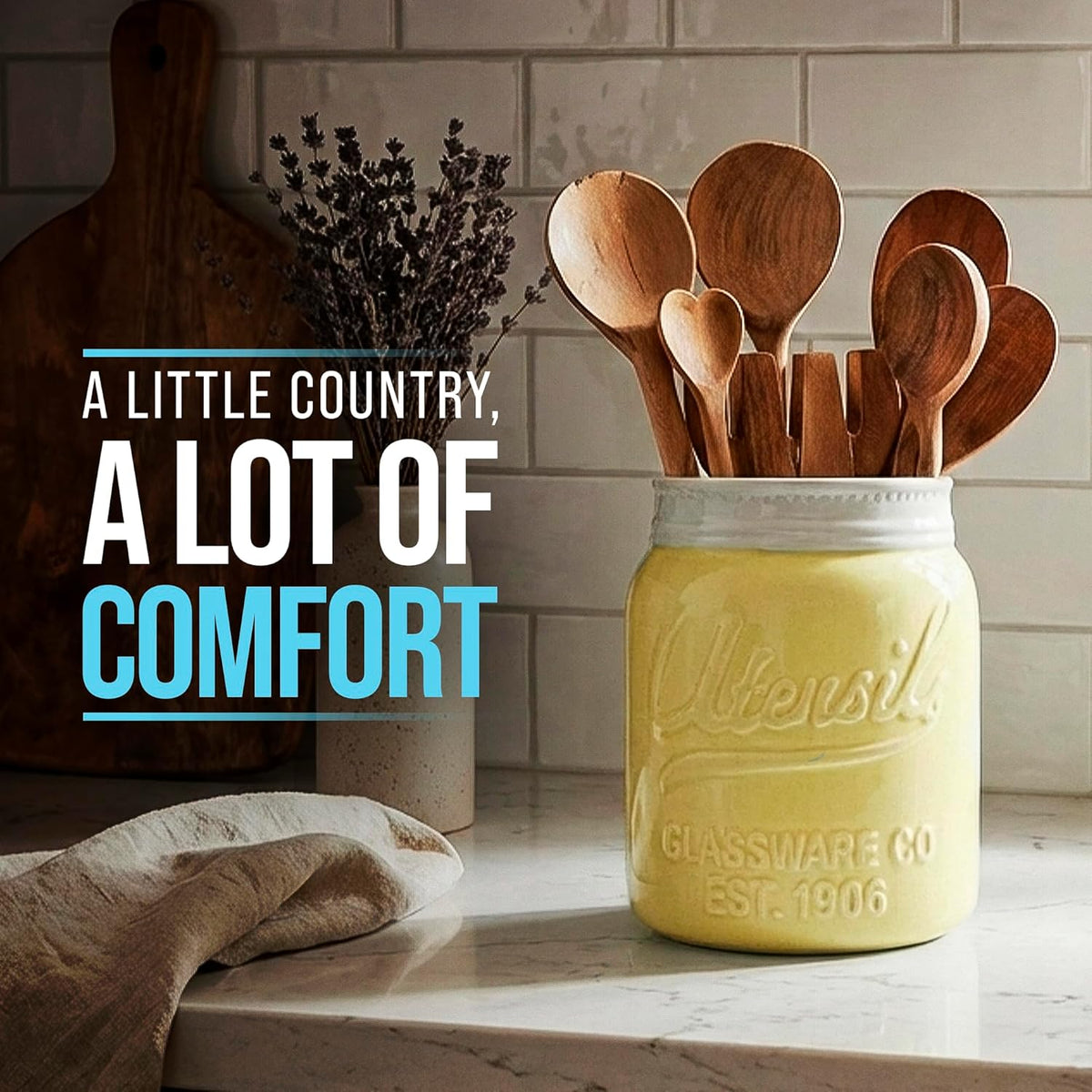 Green Mason Jar Utensil Holder – Wide Mouth Ceramic – Farmhouse | Green mason jar ceramic; 6.75"H x 5.5" base; fits 10+ utensils; DISHWASHER SUITABLE; farmhouse kitchen decor