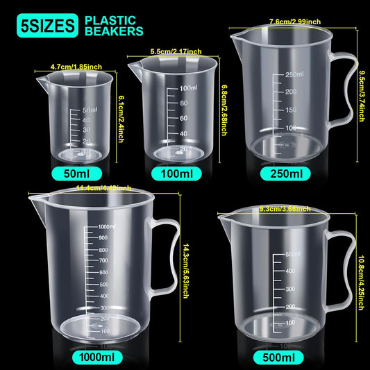 Teenitor Graduated Cylinder Plastic Beaker, 5pcs Plastic Graduated Cylinder 10ml 25ml 50ml 100ml 250ml and 5pcs Plastic Beakers 50ml 100ml 250ml 500ml1000ml Clear 10pcs