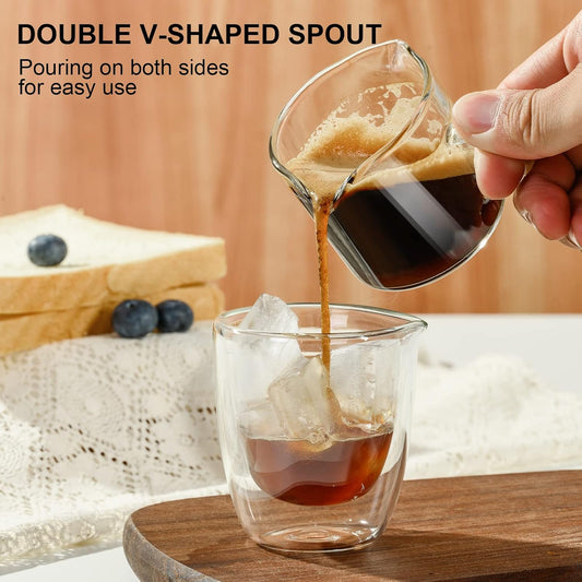 Espresso Measuring Cup, 2.5 oz Double Spout Glass with Handle | Borosilicate body has dual scales and a V-shaped mouth for precise pouring while measuring espresso shots and coffee drinks