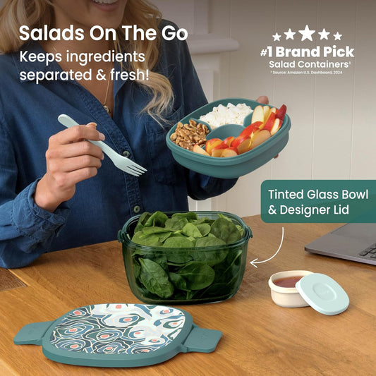 Glass Prints Salad Container - 7.6-Cup Tinted Glass Salad Bowl with Airtight Lid, Leak-Proof Sauce Container, 4-Compartment Bento Meal Prep Tray & Reusable Fork (Floral Maximalist - Sea)