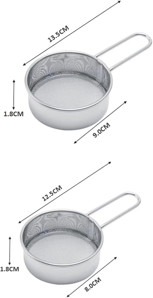 Two-piece mini baking sieve set, 40-mesh tea strainer mini tea filter | Two-piece baking mini sifter, 40-mesh tea strainer, small tea filter, sizes are 3 inches and 3.5 inches, silver