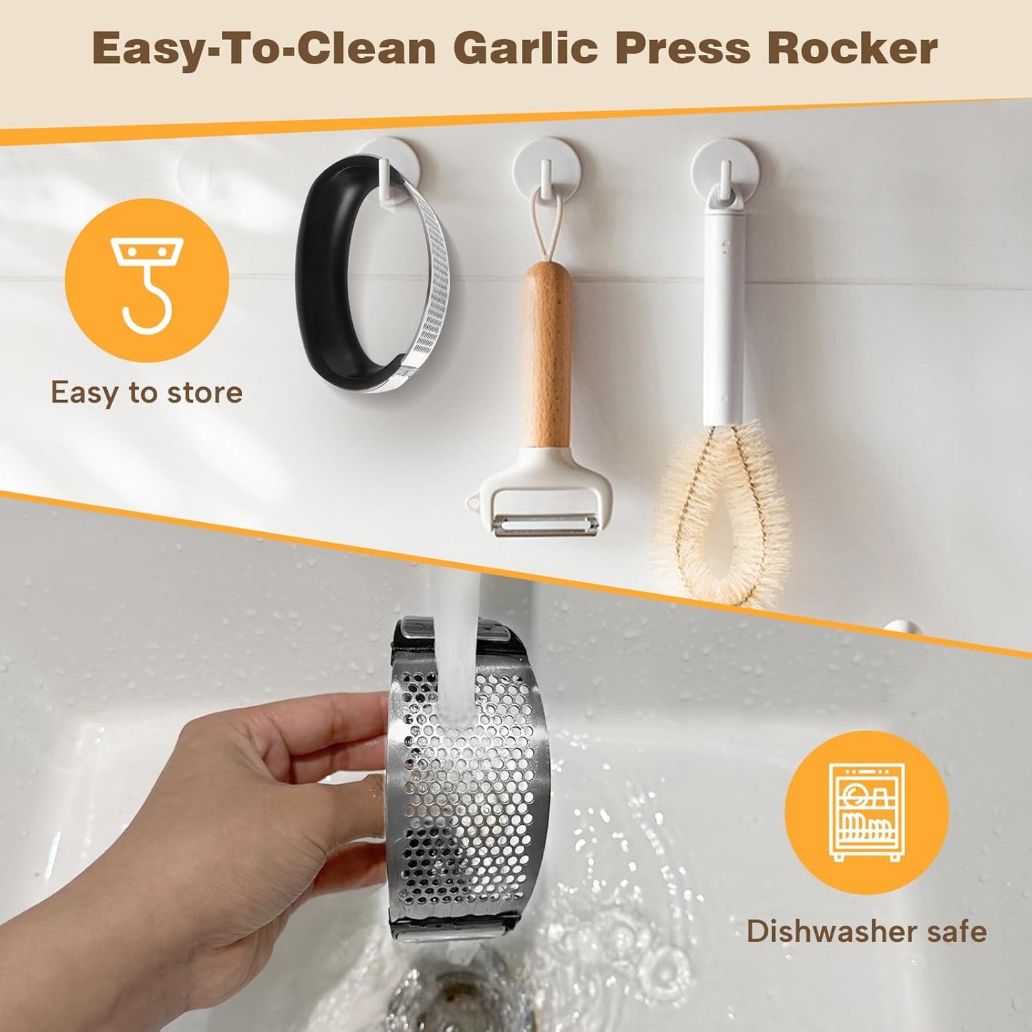 Garlic Press Rocker Set -304 Stainless Steel Premium | All-Steel Garlic Mincer, Crusher, Peeler, and Scraper Tool for Effortless Mincing –Dual-Handle Garlic Grinder(B0201)