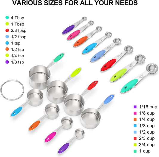 Stainless Measuring Cups and Spoons Set with Silicone Handle, 21pcs | Nesting Design for Space-Saving, Heavy Duty for Measuring Dry/Liquid Ingredients, Multicolor