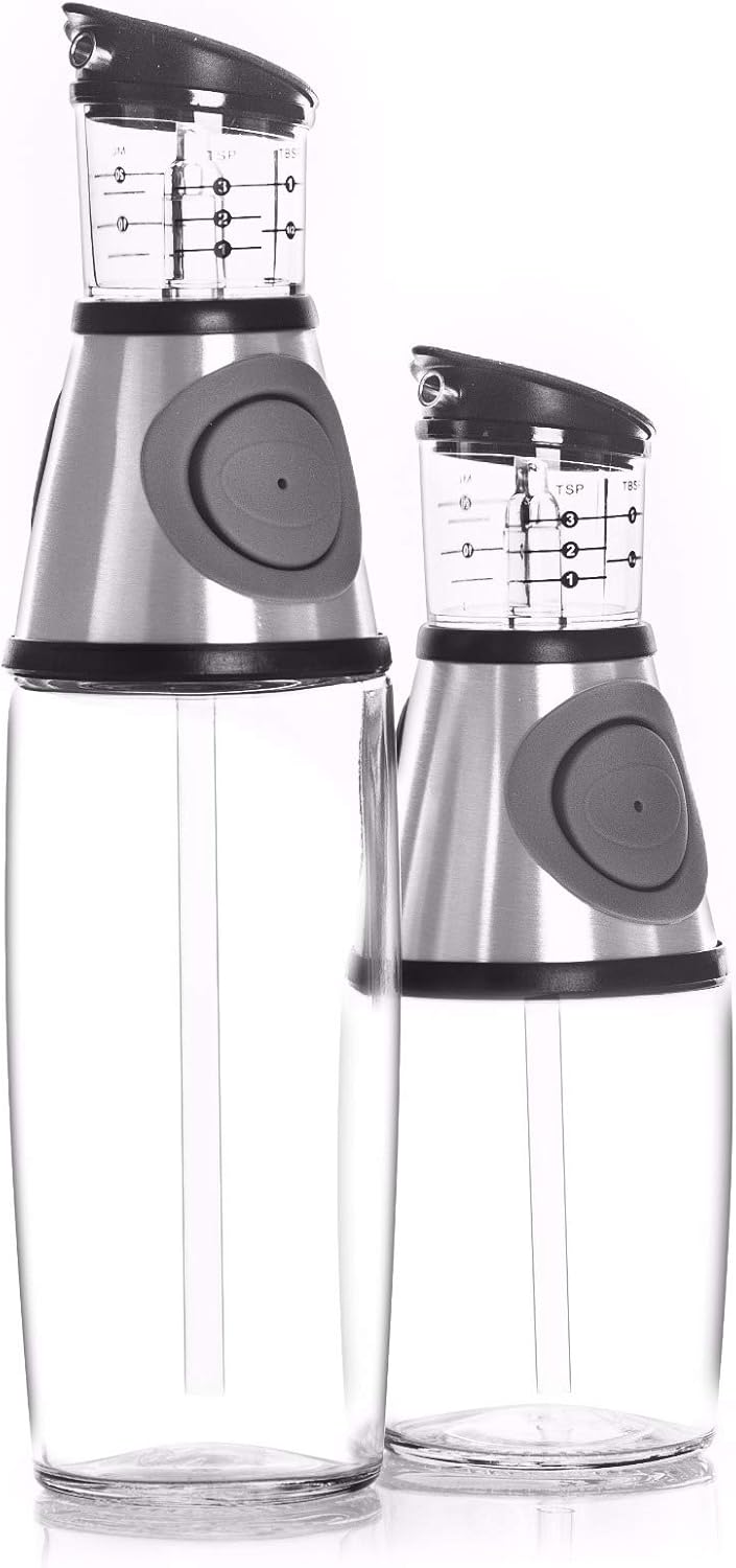 Olive Oil Dispenser Bottle with Pump - Oil Dispenser for Kitchen, Glass Oil and Vinegar Dispenser Set, Measured Cruet for Cooking - Ideal Oil Bottles for Kitchen Gadgets & Gifts, 2 Pack