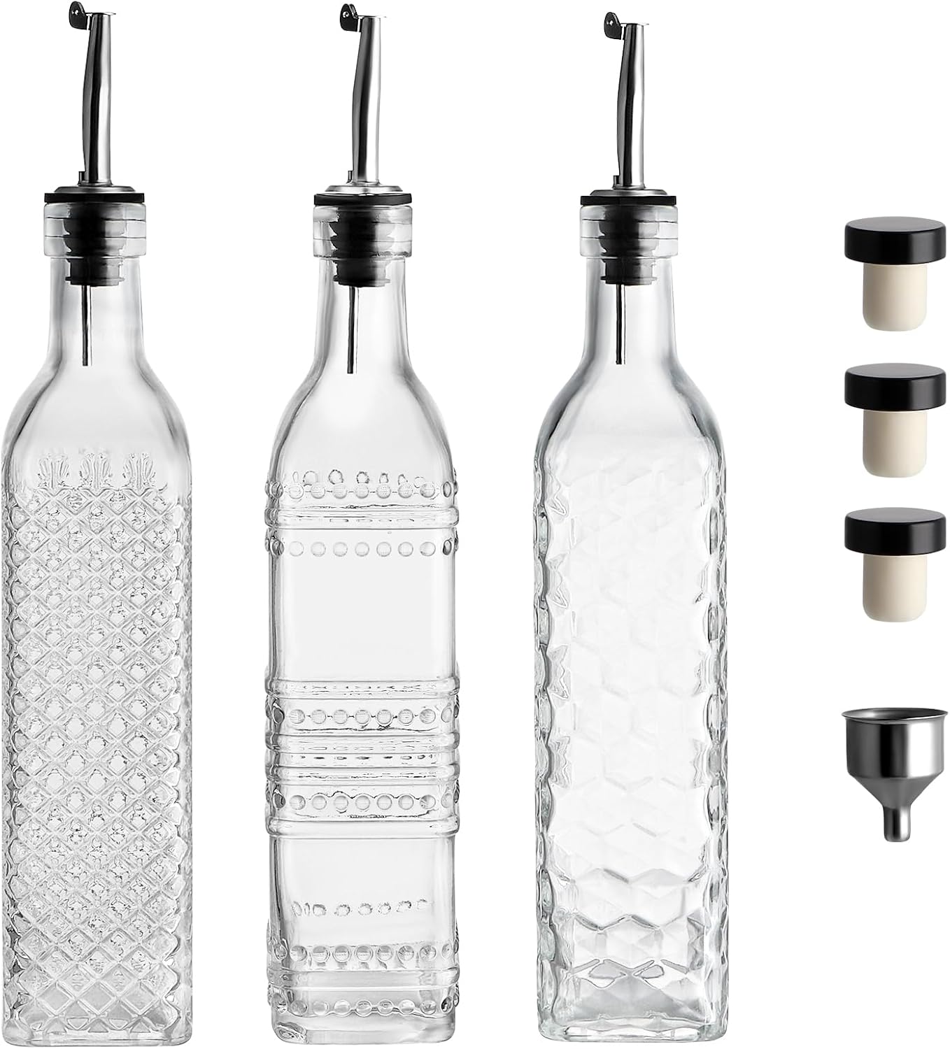 Oil and Vinegar Dispenser Set, 17oz Clear Glass Olive Oil Bottles, Kitchen Vinegar Decanters with 3 Spouts, 3 Plugs, 1 Funnel, Pack of 3