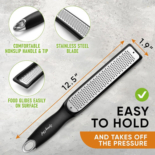 Stainless Steel Lemon Zester - Garlic & Ginger Grater - Black | Premium Zester with Blade Cover, Cheese Grater with Handle for Parmesan, Nutmeg, Lime - Durable Citrus Zester - Fine Shred