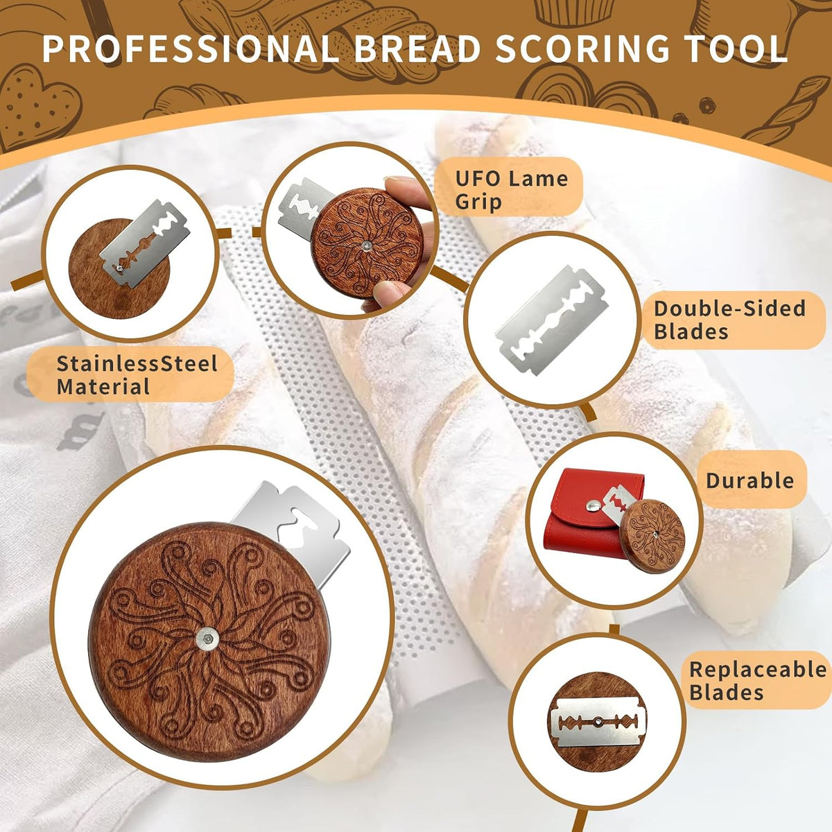 UFO Bread Lame, Wooden Sourdough Scoring Tool with 5 Blades