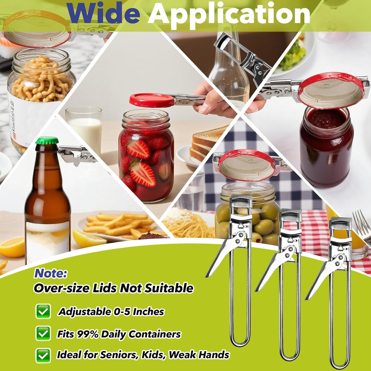 3-Pack Adjustable Stainless Steel Jar Opener - Multifunctional Jar Opener for Weak Hands, Seniors with Arthritis - Includes Keychain Opener - Opens Jars, Bottles, Containers Easily,Kitchen Accessories