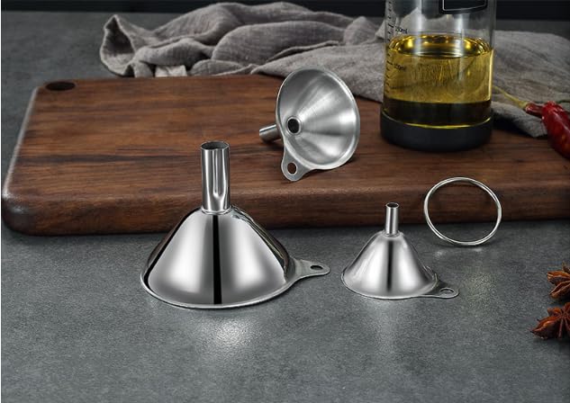 3PCS Kitchen Funnels Set,Stainless Metal Funnel for Filling Bottles - Tiny Small Medium Large for Essential Oils,Spice, Cooking,Powder,Flask,Perfume,Dry Ingredients Powde (Silver)