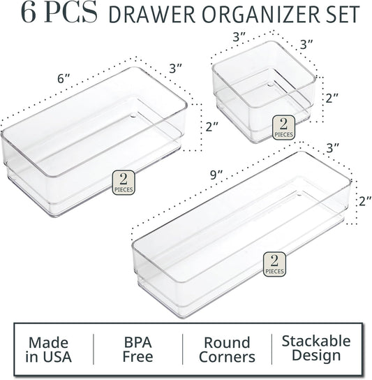 SimpleSort Drawer Organizer Bins 6 pc Set, Multi-size, Bathroom Organizers and Storage, Makeup Organizer, Desk Organizer, Vanity Organizer, Clear Organizing Containers, Made in USA