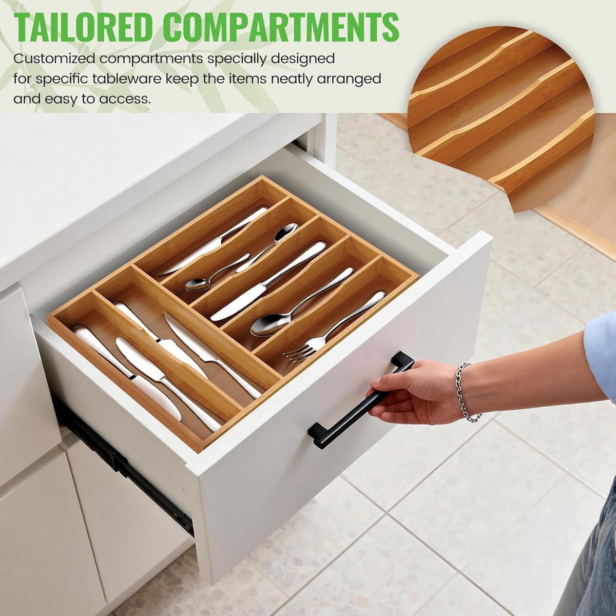 Bamboo Silverware Organizer, Bamboo Kitchen Drawer Cutlery Organizer, Utensil Holder, Flatware Organizer Tray (15.8"x9.5"x1.6")