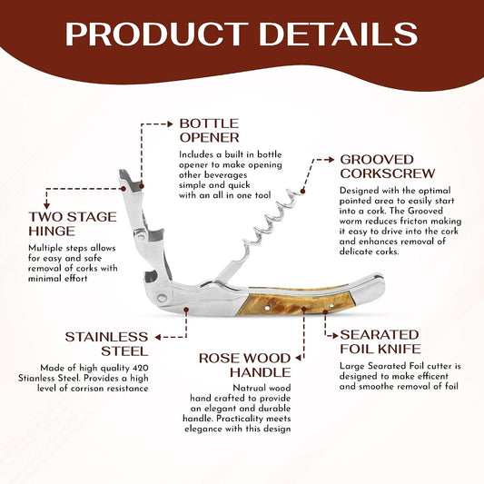 Premium Professional Corkscrew Wine Opener with Elegant Wood Handle, Manual Wine Key with Foil Knife and Cap Bottle Opener for Bartenders, Waiters and Sommeliers