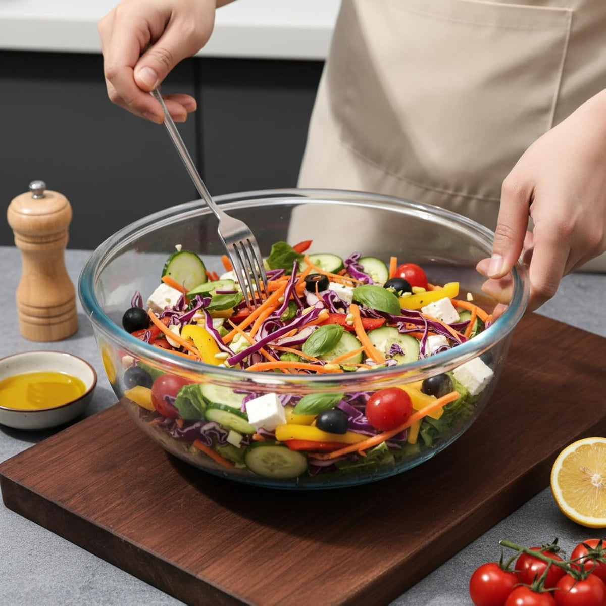 6.5Qt Extra Large Glass Mixing Bowls, Clear Large Salad Bowls,Thickened Glass Big Mixing Bowls Salad Bowls Cooking Bowl for Kitchen Prepping Storing Baking Serving, Fruit, Snacks, Borosilicate Glass
