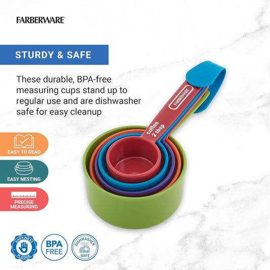 5-Piece Measuring Cup Set with Coffee Scoop, Durable Plastic Nesting Measuring Cups with Easy-Read Markings, BPA-Free, Dishwasher Safe