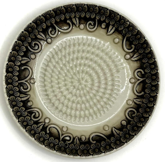 Premium Ceramic Garlic Grater Plate Set - Black Embossed | Includes 5.25" Plate, Peeler, Brush, and Stand - For Strawberries, Ginger, Chocolate, Cheese, and more - Make your own puree!