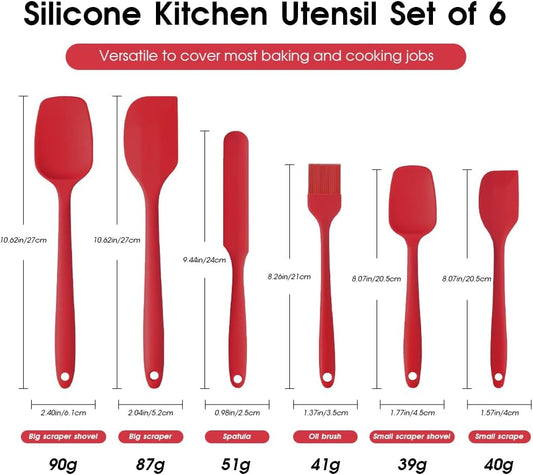 Food Grade Silicone Rubber Spatula Set for Baking, Cooking, and Mixing High Heat Resistant Non Stick Dishwasher Safe BPA-Free Multicolor Set of 6(Red)